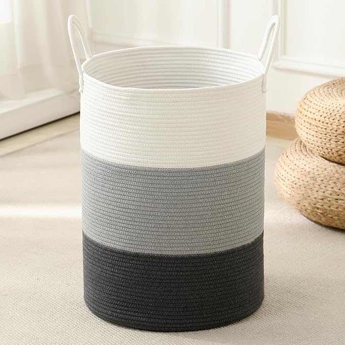 Woven Laundry Hamper Tall Rope Storage Basket for Blanket oys Dirty Clothes in Living Room Bathroom Bedroom (Gradient Grey, 100L/26.4Gal)