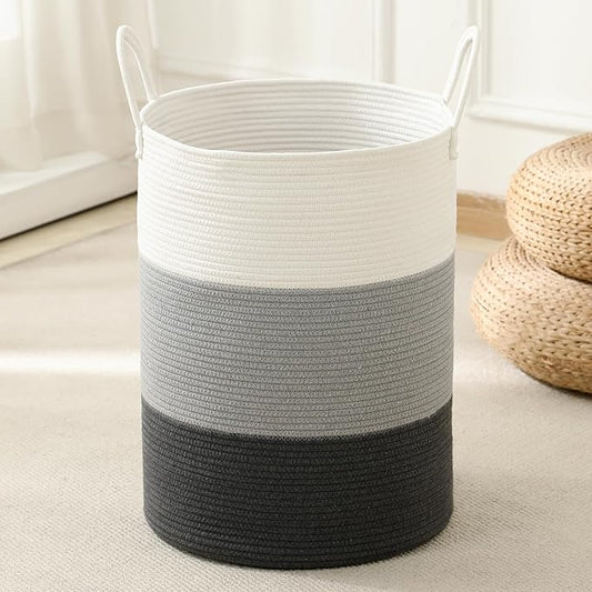 Woven Laundry Hamper Tall Rope Storage Basket for Blanket oys Dirty Clothes in Living Room Bathroom Bedroom (Gradient Grey, 100L/26.4Gal)