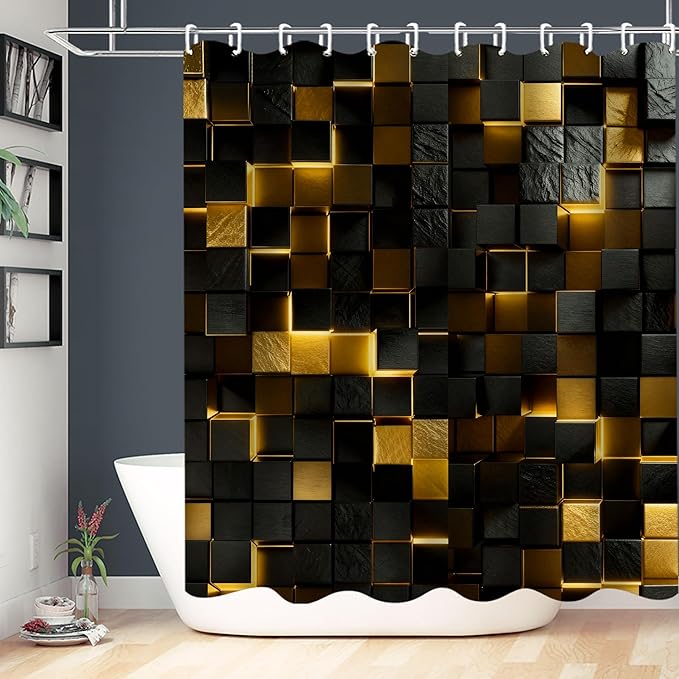4Pcs Black and Gold Shower Curtain Set 3D Cubes Bathroom Sets Modern Shower Curtain Set for Bathroom Sets with Rugs and 12 Hooks