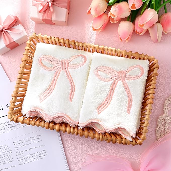 2 Pcs White Pink Scalloped Hand Towels for Bathroom 26 x 13 Embroidery Coquette Bow Hand Towels 100% Cotton Soft Absorbent Boho Bath Decor for Kitchen Bathroom