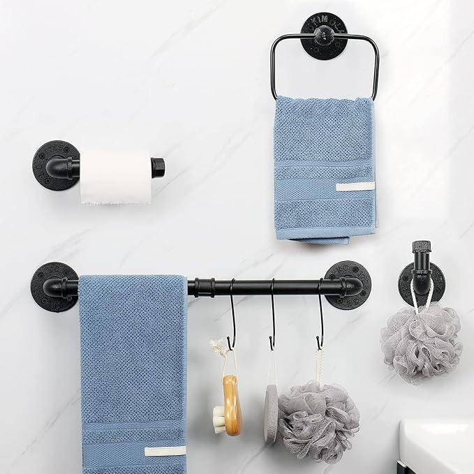 4-Pieces Industrial Pipe Bathroom Towel Ring Kit DIY Wall Mount Accessories Kit Includes Robe Hook Towel Bar and Towel Ring (18 inch)