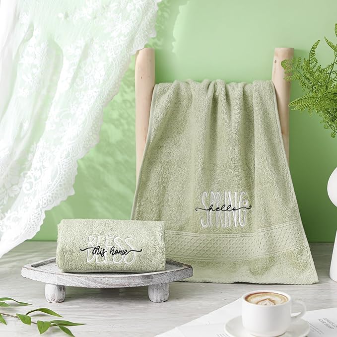 2 Pcs Hello Spring Hand Towels Gray Green Bathroom Decor 14x29 Inch 100% Cotton Soft Absorbent Bless This Home Embroidered Decorative Hand Towels for Bathroom Kitchen Housewarming Gifts