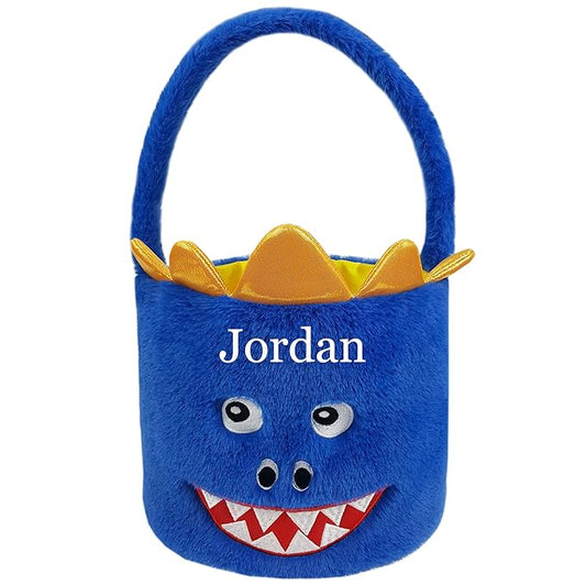 DearSun Exquisite Embroidery ! Personalized Plush Dinosaur Basket Easter Egg Hunting Basket with Embroidery Name (Blue Plush Dinosaur)