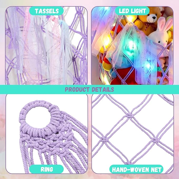 Stuffed Animal Storage Organizers Corner Hanging Net with LED Lights 59 Inch Toy Storage Stuffed Animal Hammock Macrame Toy Display Plush Holder Wall for Bedroom Nursery Playroom Organizer