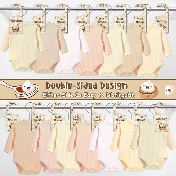 Baby Closet Dividers 8PCS, Cute Dumpling Themed Wooden Double-Sided Clothes Size Hanger/Organizer from Newborn to Toddler for Nursery Decor Baby Shower Birthday Gender Reveal Party Gift
