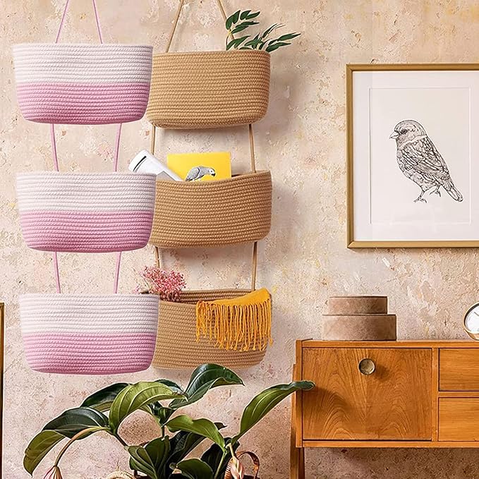 YYaaloa Woven Cotton Hanging Baskets for Organizing Decor 3-Tier Over the Door Wall-Mounted Storage Bag Nursery Baskets for Organizing Living Room, Bathroom and Bedroom (White+Pink)