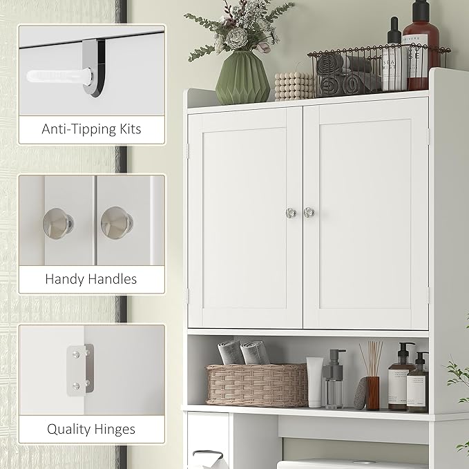 HOMCOM Over The Toilet Storage Cabinet, Modern Above Toilet Bathroom Organizer with 2 Doors, Storage Shelves, Toilet Paper Holder, Freestanding Space Saver for Bathroom, Laundry, White