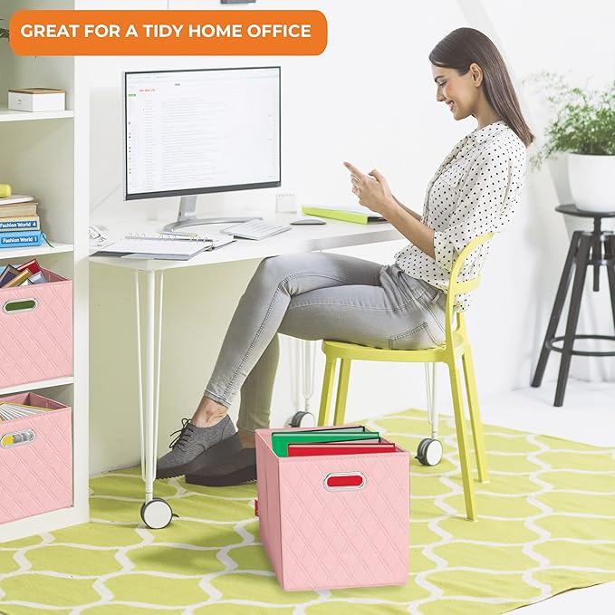 FH Group JIAessentials 12" Faux Leather Foldable Storage Cube Bins Set of 2 – Pink Diamond Patterned Organizers with Handles for Closet & Shelves