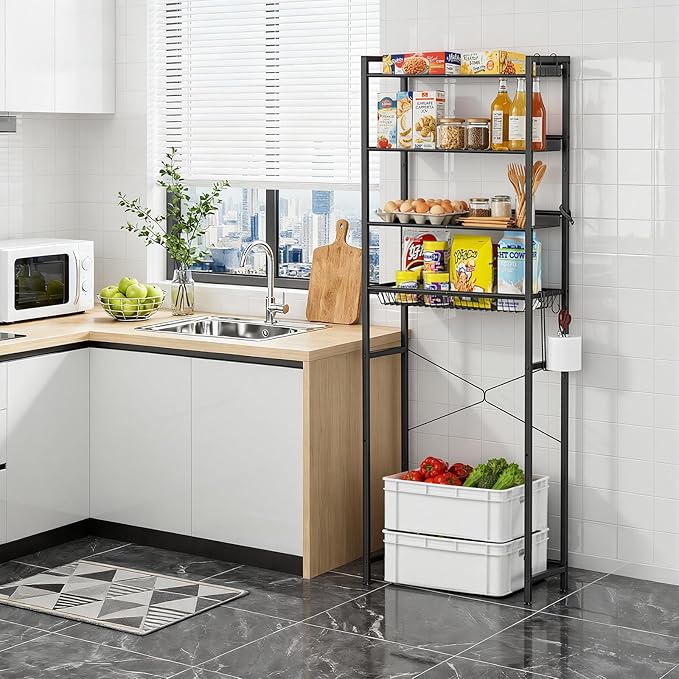 4 Tier Over The Toilet Storage Rack, Bathroom Organizer Shelf Over Toilet with 4 Hook and Roll Holder, Space Save Freestanding Metal Bathroom Shelves
