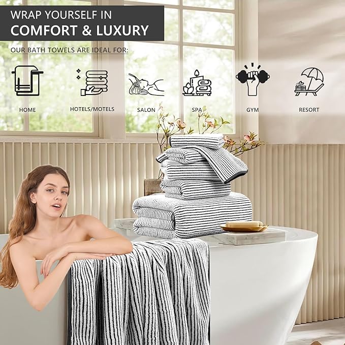 4 Piece Bath Towel Set 35"x70"Oversized Bath Towel for Bathroom Ultra Soft Fluffy Extra Large Bath Sheet Luxury Premium Bathroom Towel Highly Absorbent Quick Dry Shower Towel for Hotel Spa,Black White