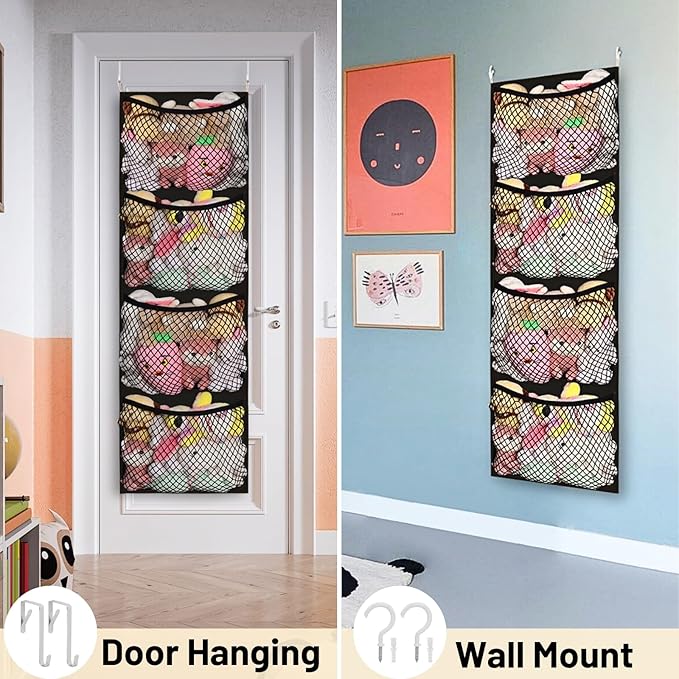 Ofiray-home Over The Door Stuffed Animal Storage, Cotton Toy Organizer for Storage Plush Toys, Stuffed Animal Holder with 4 Large Pockets, Hanging Door Organizer for Nursery, Bedroom (Black)