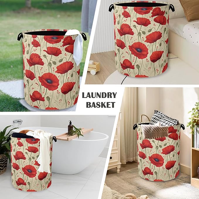Vintage Poppy Flower Laundry Basket,Oxford Cloth Laundry Hamper with Handle Foldable Portable Clothes Storage Basket for Bathroom Bedroom Dorm Room 16" x 20.8"