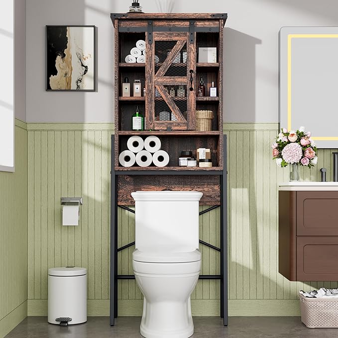 Over The Toilet Storage Cabinet with Sliding Barn Door, Over Toilet Bathroom Organizer with Adjustable Shelves and Metal Frame, Farmhouse Space Saver The Toilet Rack (Brown)