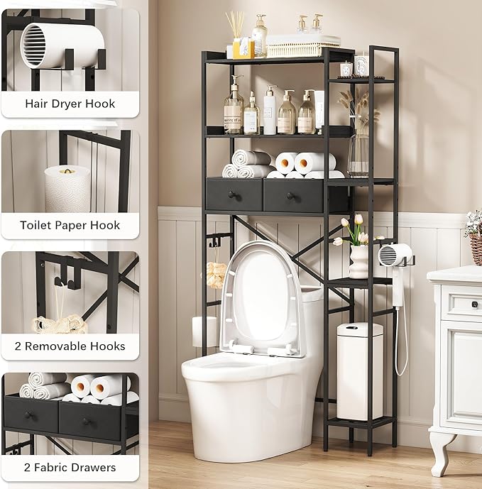 Over The Toilet Storage Shelf with Drawer, 7-Tier Above Toilet Bathroom Organizer with 4 Adjustable Side Shelves, Space Saver Freestanding Rack with Holder & Hook for Laundry Kitchen (Black)