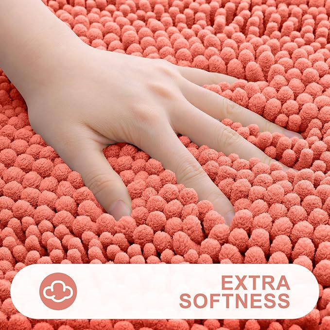 Grandaily Chenille Striped Bathroom Rugs 30x20, Extra Thick and Absorbent Bath Mats, Non-Slip Soft Plush Shaggy Shower Carpet, Machine Wash Dry, Bath Rug for Bathroom, (Medium, Coral)