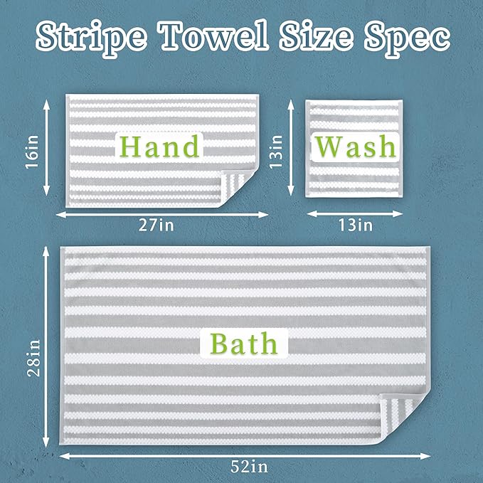 Gray and White Towels, 4 Hand 16"x27", 2 Bath 28"x52" - Cotton | Quick Dry | Lightweight, 6PCS Waffle Towel Set, Grey Striped Towels Bathroom, Luxury Towel Gift Set, Stripe and Checkered