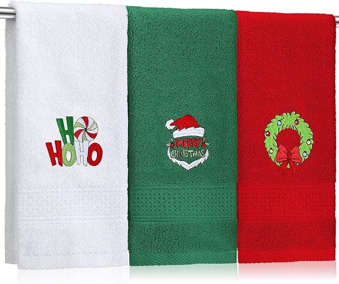 3 Pcs Merry Christmas Hand Towels for Bathroom Embroidered Bathroom Towels Farmhouse Decorative 13.78 x 29.53 Inch Absorbent Soft Cotton for Kitchen Dish Fast Drying Decor