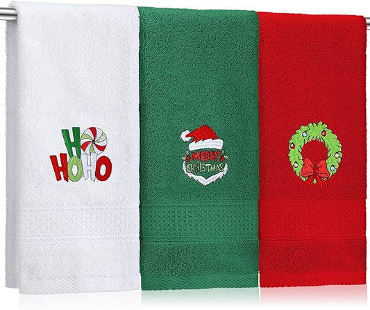 3 Pcs Merry Christmas Hand Towels for Bathroom Embroidered Bathroom Towels Farmhouse Decorative 13.78 x 29.53 Inch Absorbent Soft Cotton for Kitchen Dish Fast Drying Decor