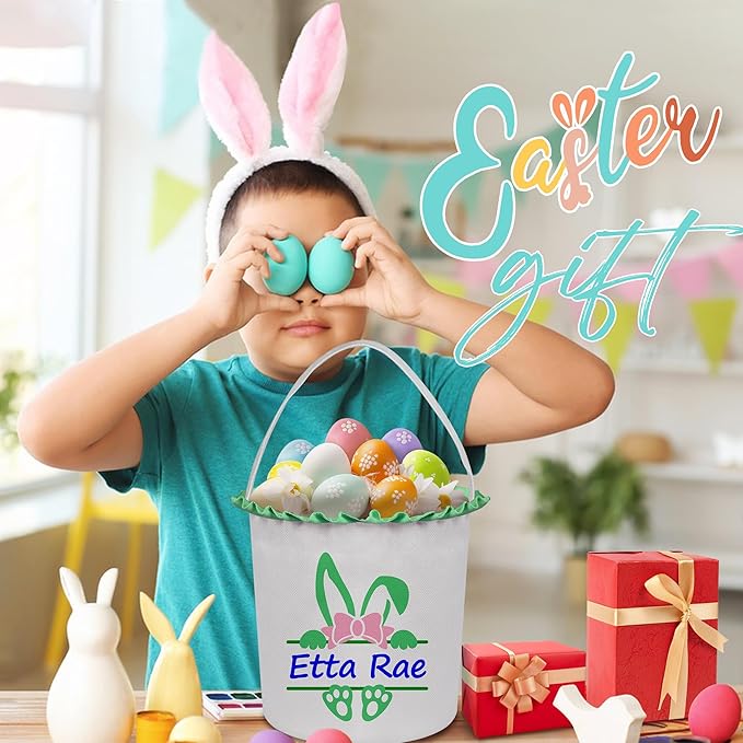 Easter Baskets for Girls Boys, Personalized Easter Basket with Name - Green Bow Bunny