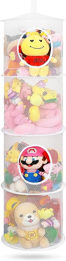Toy Net Hammock for Stuffed Animals Net, Foldable Toy Storage Organizer 4 Compartments Net for Stuffed Animals Corner for Boys, Girls, Gloves, Hats, Socks（white）