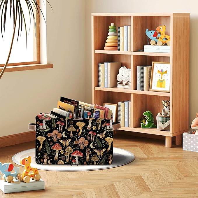 Mushroom Rectangle Storage Basket - Mushroom Themed Collection Collapsible Storage Baskets with Handles - Mushrooms Toy Bin - Mushrooms Pattern Storages Bin for Kids Clothes, Gifts, Books
