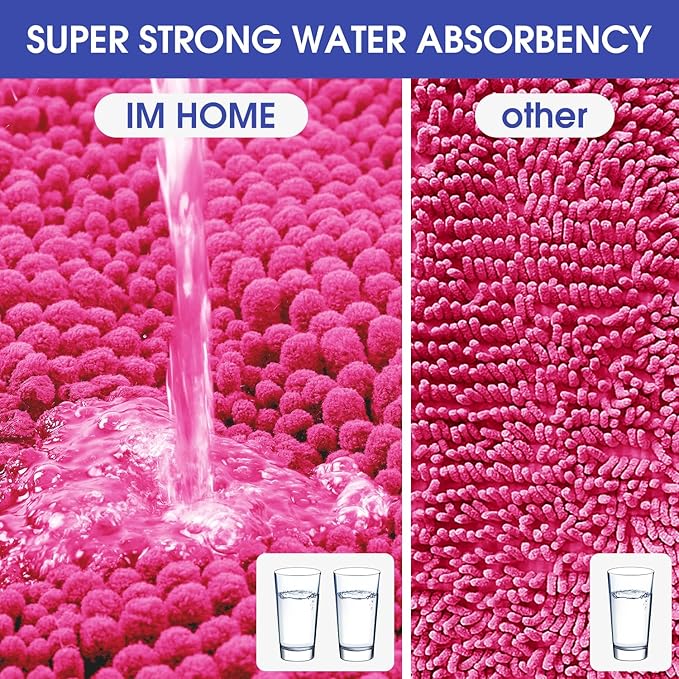 ACCUMTEK Christmas Striped Hot Pink Bathroom Rug Set 3 Pieces Ultra Soft, Non Slip Chenille Toilet Mat, Absorbent Plush Shaggy Bath Mats for Bathroom, Bedroom, Kitchen, Peach