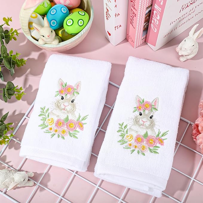 2Pcs Easter Hand Towels Floral Bunny Cotton Embroidered Bathroom Towel Spring Flower Rabbit Absorbent Bath Towels for Drying Cleaning Cooking, 29.5 x 13.7 Inch