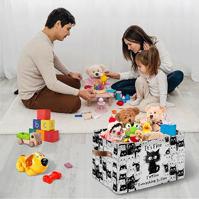 Black Cat Rectangle Storage Basket - Cat Themed Collection Collapsible Storage Baskets with Handles - Cute Cats Toy Bins - Black Cats Pattern Storages Bin for Kids Clothes, Gifts, Books, Toys