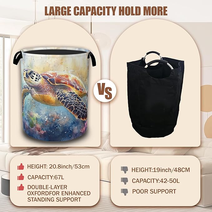 Watercolor Sea Turtle Laundry Baskets,Laundry Hamper,Storage Basket with Handles for Bathroom Bedroom College Dormitory Living Room Nursery Organizer 16"x20.8"