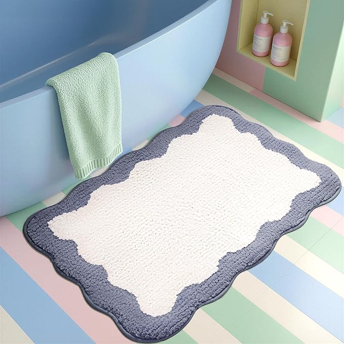 GRANNY SAYS Waved Deep Blue Bathroom Rugs, 36" x 24", Non-Slip Bath Mats for Bathroom, Plush Shag Absorbent Microfiber Ultra Soft Scalloped Bath Mat, Cute Washable Rug for Tub, Shower, Bedroom