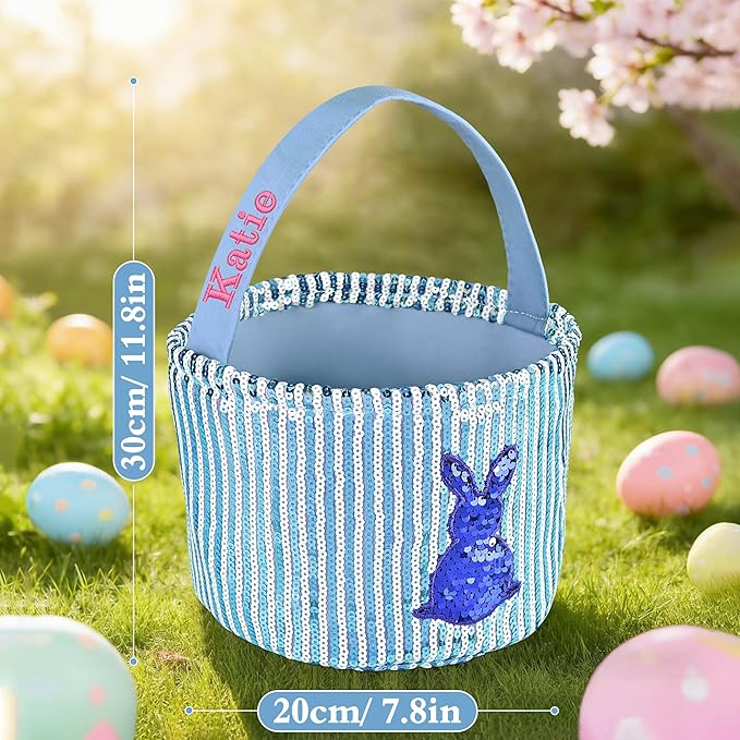 Personalized Easter Basket for Kids, Boys & Girls – Ideal for Egg Hunting & Easter Gift Storage (Blue Sequin Bunny Basket)