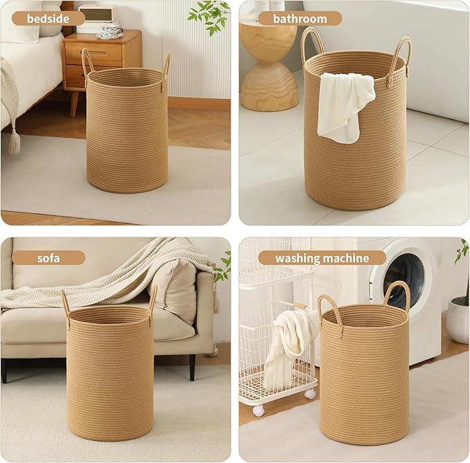 Woven Laundry Hamper Tall Rope Storage Basket for Blanket oys Dirty Clothes in Living Room Bathroom Bedroom (Jute Brown, 80L/21.3Gal)
