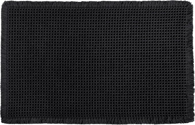 Hiasan Waffle Bath Mat, Super Absorbent Non Slip Bathroom Boho Rug with Tassels, Machine Washable Bath Mats for Bathroom, Ultra Soft Rubber Backed Rug, Black, 20 x 32 Inches