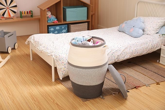 26"x20" Handcrafted Tall Cotton Rope Basket with Lid, Stylish Flagon Shape with Cover, Clothes Hamper with Top, for Bedroom and Living Room, White/Grey Mix/Dark Grey