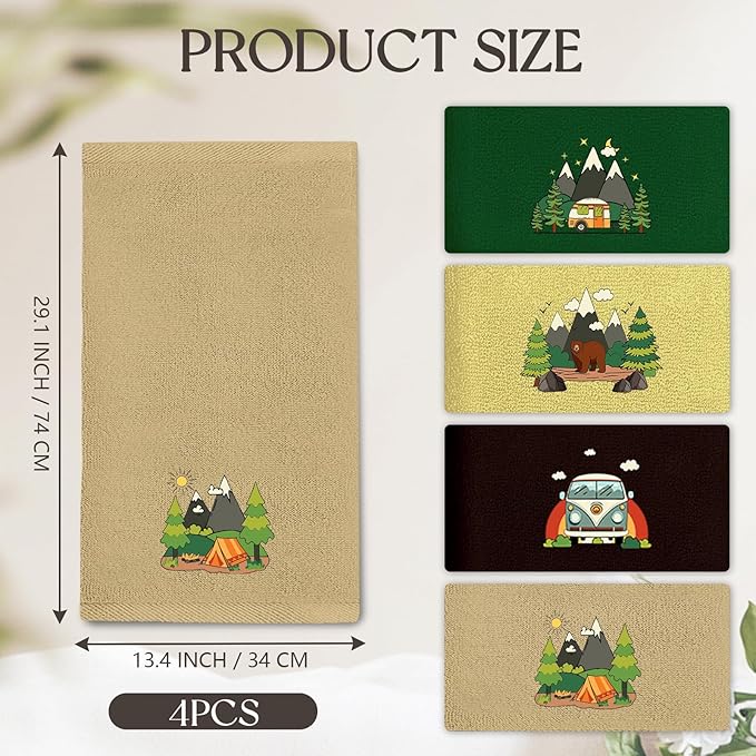 4 Pcs Camping Towels Camp Cotton Towel Set 29 x 13.3 Inch Camper Embroidered Towels Hand Kitchen Decorative Camping Bath Hand Towel Camper Bathroom Accessories Farmhouse Decor Housewarming Gift