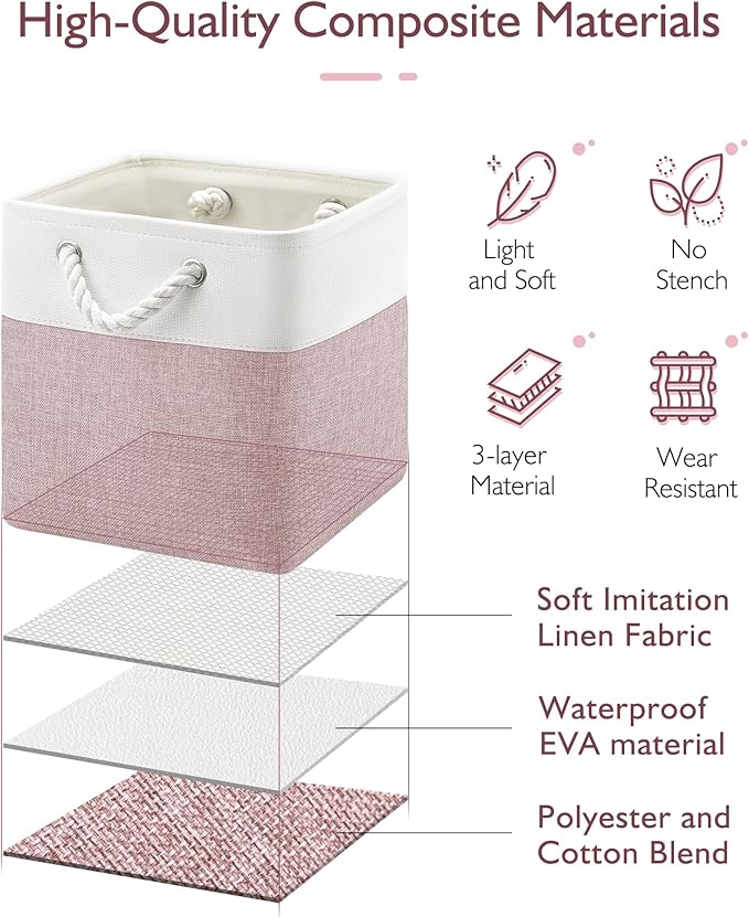 11 Inch Cube Storage Bins, 4 Pack Fabric Storage Cubes with Rope Handles, Organizer Baskets for Closet Shelves, Clothes and Home Organization(White/Pink)