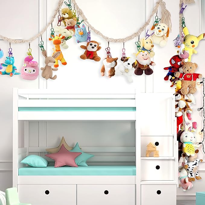 3 Pieces Stuffed Toy Chain Display Organizer Strong Toy Organizer Storage Chain Stuffed Animal Toy Holder Hanging with 45 Metal Clips 6 Ceiling Hook for Hanging Plush Toys Display