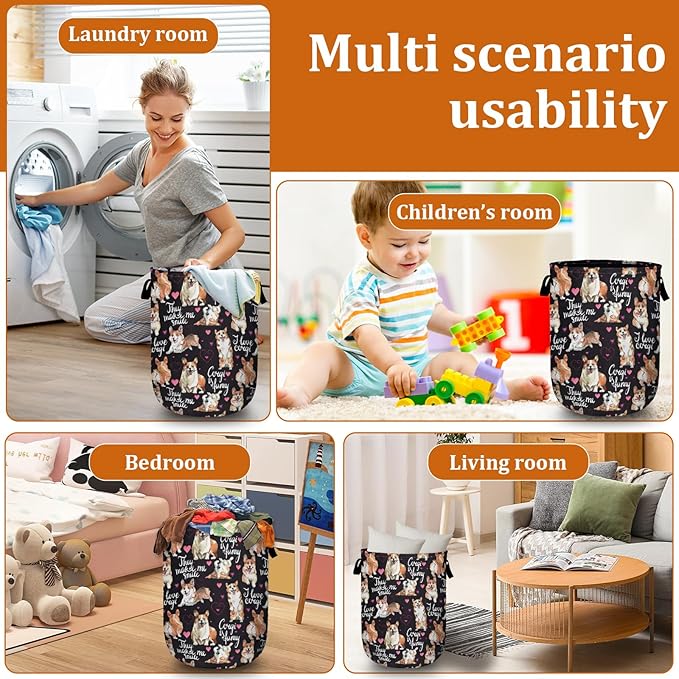 Cute Corgi Dog Laundry Basket with Sturdy Handles, Dog Lover Collapsible Oxford Cloth Laundry Hamper Organizer Basket for Bathroom Bedroom 15.7x20 Inch