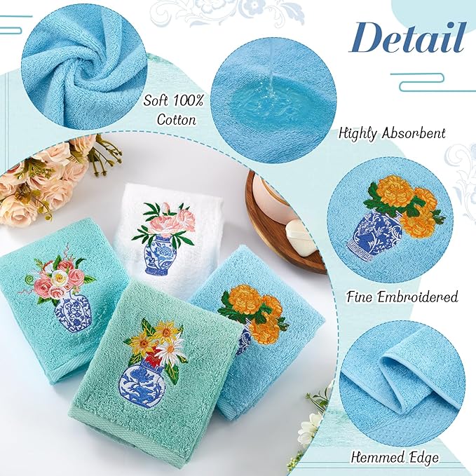 4pcs Chinoiserie Vase Kitchen Towels 29" X 13" Blue and White Floral Porcelain Tea Towel Cotton Embroidered Bathroom Decorative Absorbent Dishcloths Hostess Housewarming Gift
