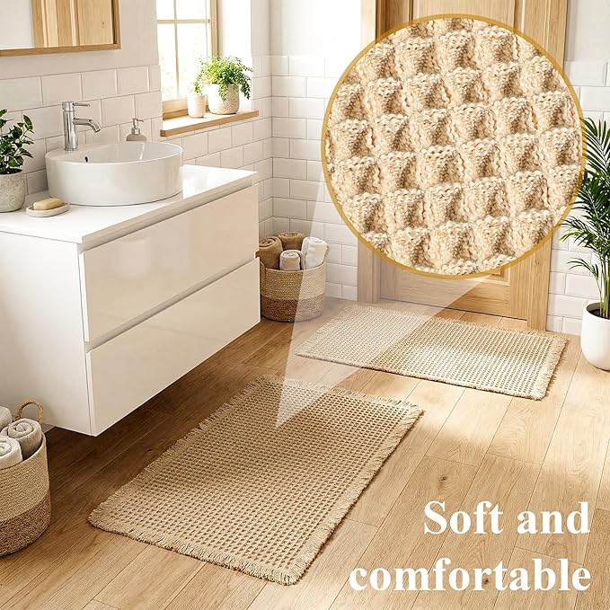 2pcs Waffle Bathroom Rugs Waffle Bath Mat Boho Bath Rugs Non Slip Washable Absorbent Baths Mats Soft Rubber Backed Shower Mats Bathroom Runner Rug for Bedroom Kitchen Shower Tub Hallway Laundry Room