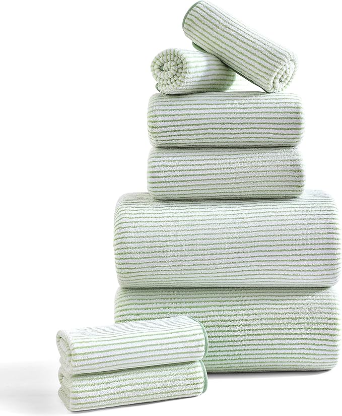 8-Piece Premium Towel Set for Bathroom|2 Oversized Large Bath Sheet,2 Hand Towels,4 Washcloths|Soft Cozy Highly Absorbent Fast Dry Microfiber Shower Towel Set for Hotel Bathroom Essentials,Green White