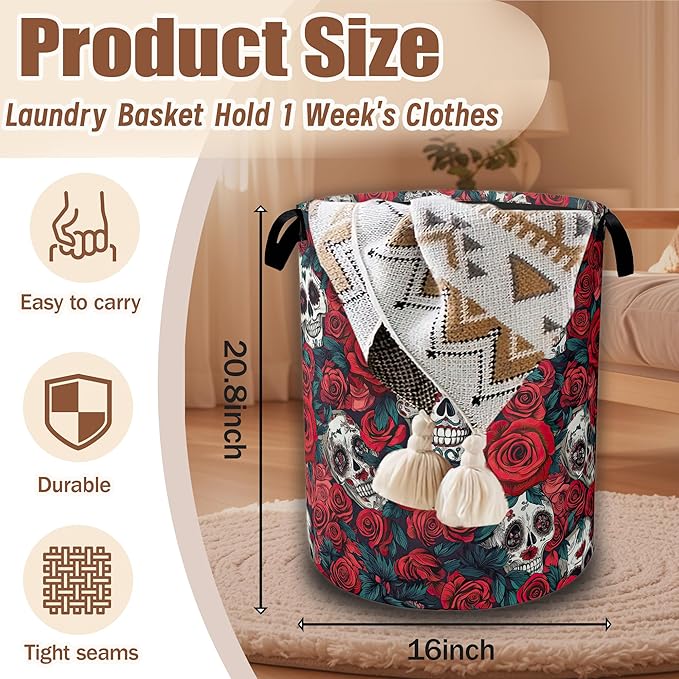 Skull Red Rose Laundry Hamper,Flowers Skeleton Laundry Baskets,Waterproof Oxford Cloth Toy Storage for Bedroom,Bathroom,Nursery,16x20.8 Inch