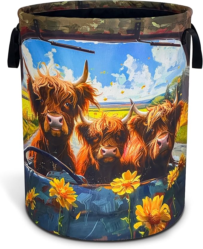 Highland Cow Laundry Basket Oxford Cloth Funny Cows Laundry Hamper With Handle Foldable Portable Clothes Storage Basket 18.9 X 16.5 In Storage Bag For Laundry Room/Bathroom/Bedroom/Dormitories