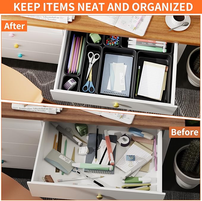 45 Pack Desk Drawer Organizer Tray, 3 Sizes Plastic Drawers Organizer Storage for Kitchen, Bathroom, Office, Vanity, Makeup, Utensils, Junk Drawer Organizer Bins, Gadget Trays for Organizing.