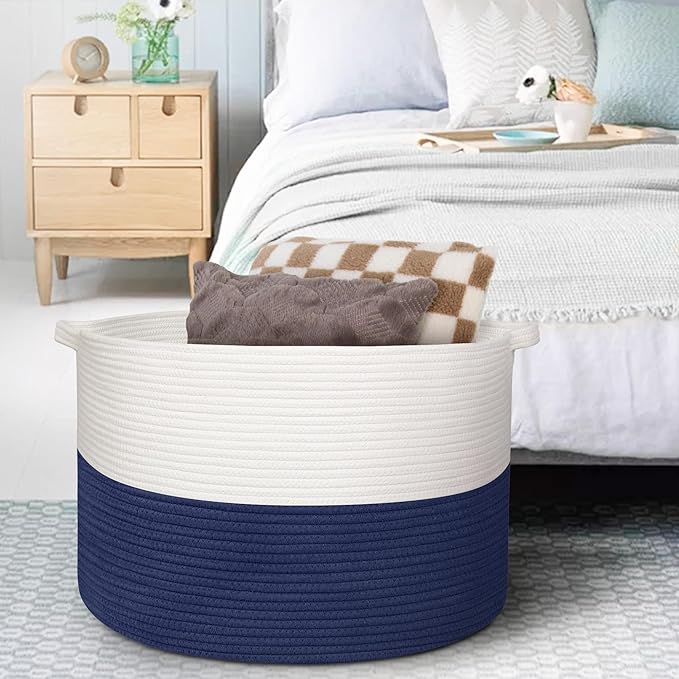 115L Super Large Blanket Basket, Kids Dog Toy Storage Bin Box, Oversized Baby Toy Organizer, Cotton Rope Woven Bin, XXXL Jumbo Basket for Blankets for Living Room, 23.6"x15.7", Dark Blue