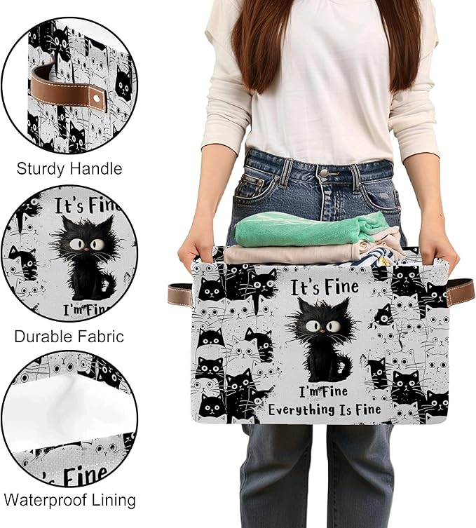 Black Cat Rectangle Storage Basket - Cat Themed Collection Collapsible Storage Baskets with Handles - Cute Cats Toy Bins - Black Cats Pattern Storages Bin for Kids Clothes, Gifts, Books, Toys