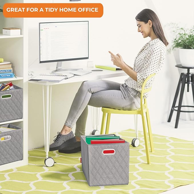 FH Group JIAessentials 12" Faux Leather Foldable Storage Cube Bins Set of 2 – Gray Diamond Patterned Organizers with Handles for Closet & Shelves
