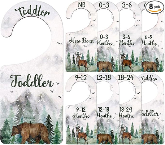 Baby Closet Dividers 8PCS, Mountain/Forest/Adventure Theme Wooden Double-Sided Clothes Size Hanger Organizer from Newborn to Toddler for Nursery Decor Baby Shower Birthday Gift
