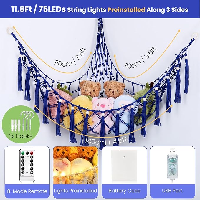Stuffed Animal Hammock, 55in Storage Macrame Hammock with 75LEDs, Hanging Net for Kids Bedroom Doll Room Corner Organizer, USB Powered Plush Animal Storage Net with Remote (Dark Blue, XL)