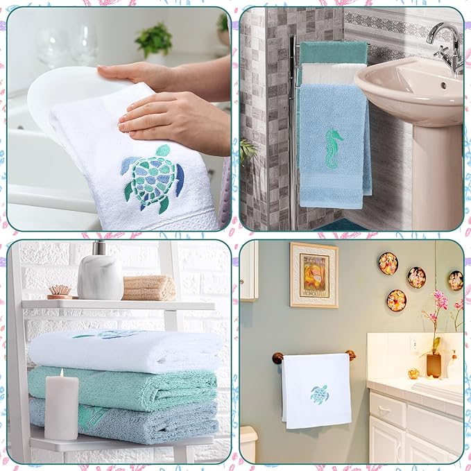 3 Pcs Ocean Beach Coastal Hand Towels for Bathroom Embroidered Bathroom Summer Towels Farmhouse Decorative 13. 78 x 29. 53 Inch Absorbent Soft Cotton for Kitchen Dish Fast Drying Decor